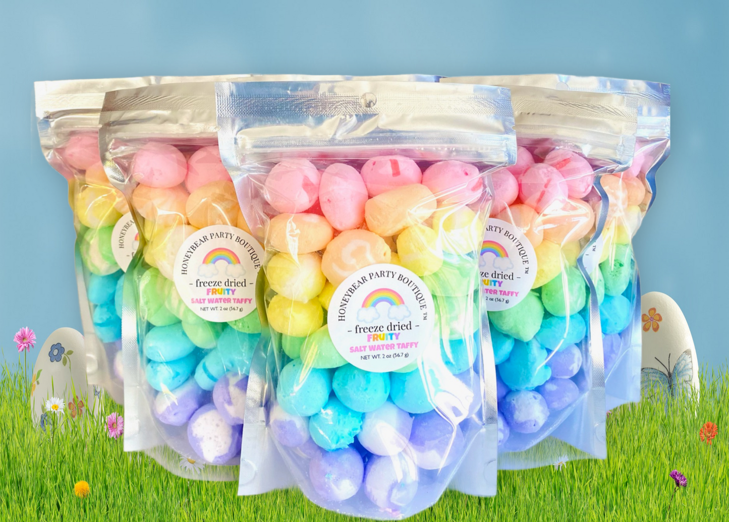 Freeze Dried Rainbow Salt Water Taffy Mix - Fruit Flavors - Huckleberry - Blue Raspberry - Key Lime - Lemon - Orange Creme - Cherry