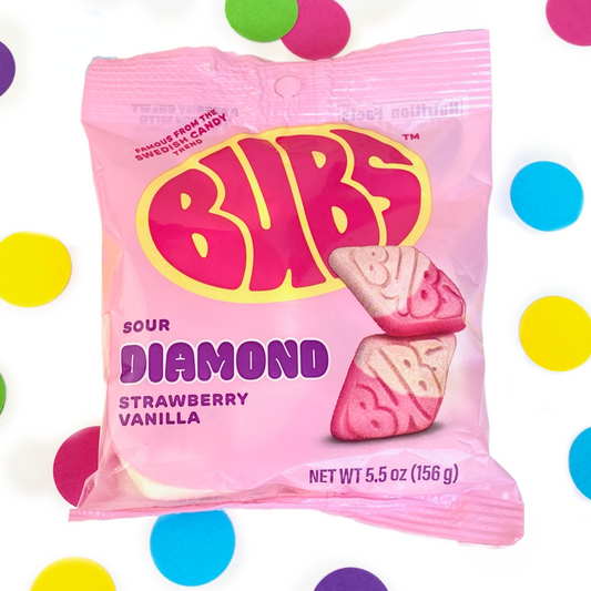 Swedish Candy BUBS Strawberry Vanilla Sour Diamond 5.5 oz bag Foam Gummy Candy