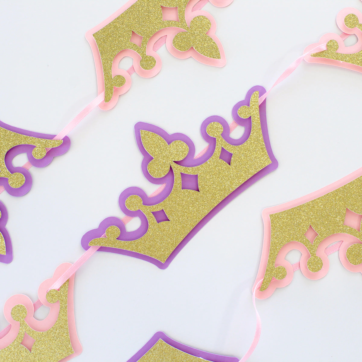 Pink and Purple Princess Happy Birthday Banner - Custom Name Banner with Bows and Gold Crowns