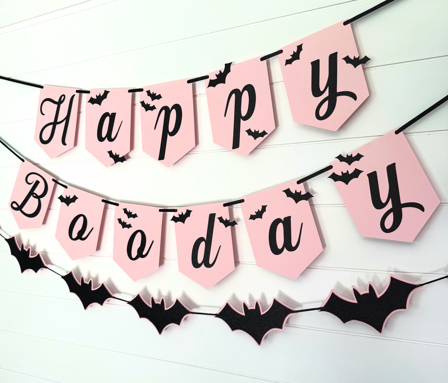 Happy Booday Birthday Banner - Pink Halloween Birthday - Pink Bat Party - Black Glitter Bats