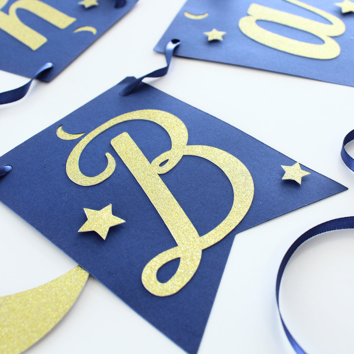 Welcome Baby Banner Featuring Navy and Gold Moon and Stars