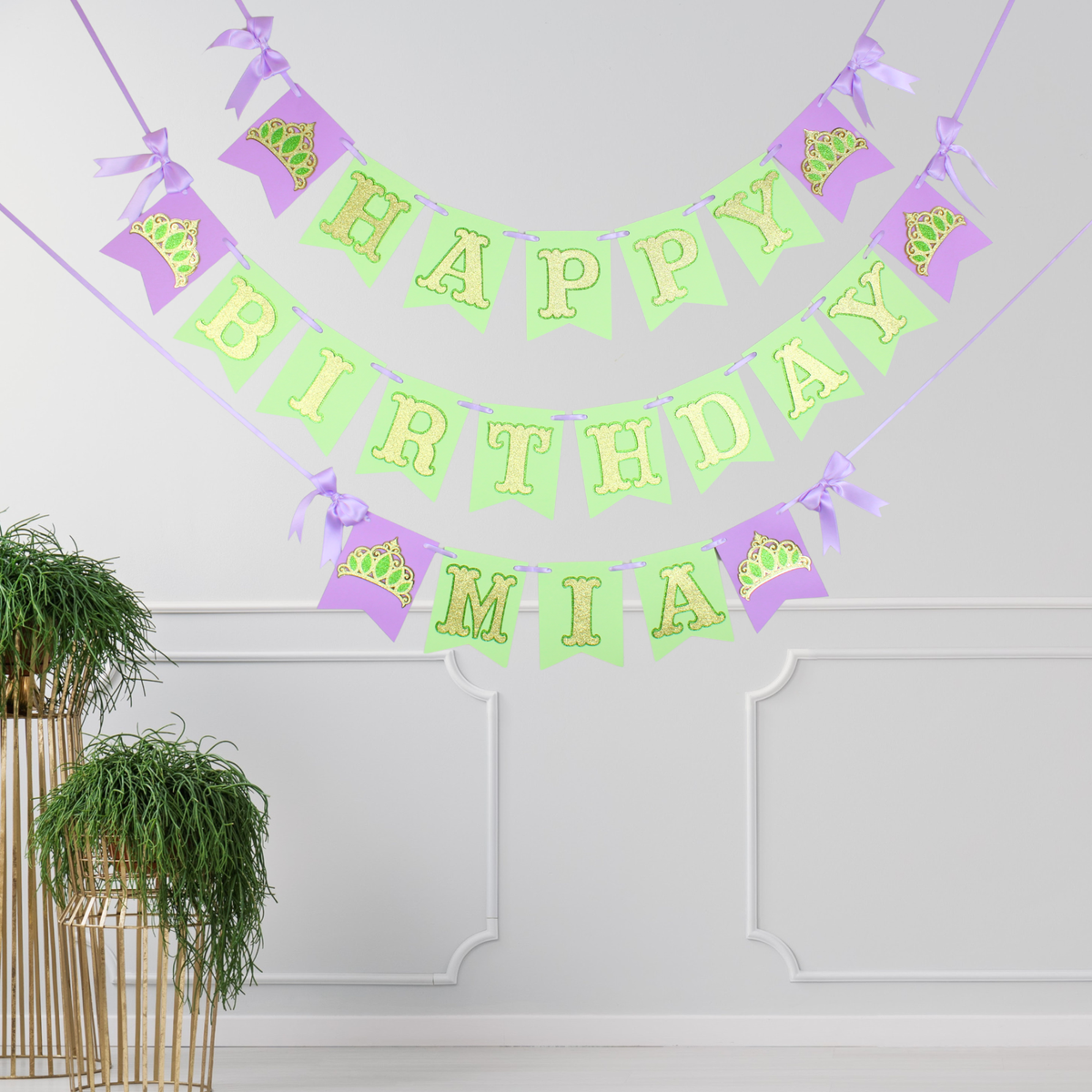 Green and Purple Princess Happy Birthday Banner - Custom Name Banner with Bows and Gold Crowns