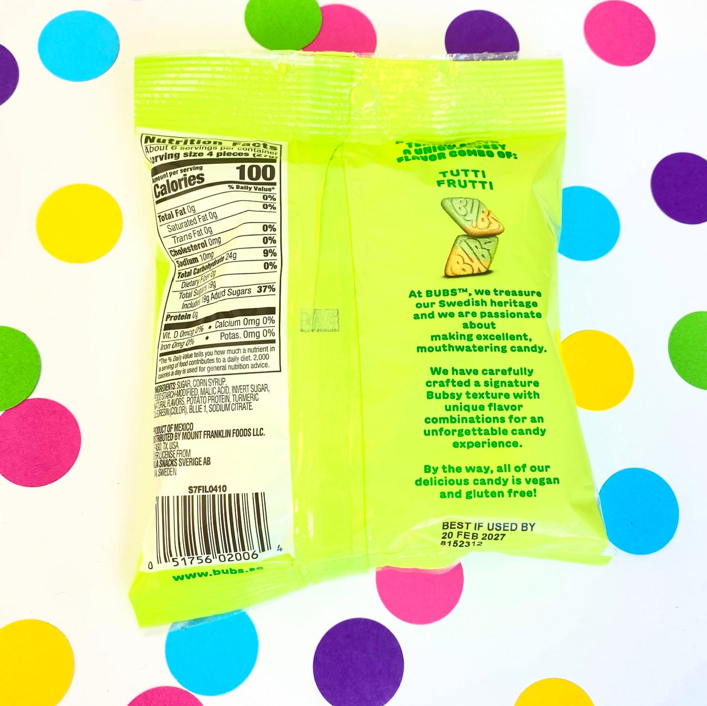 BUBS Swedish Candy Tutti Frutti Sour Diamond Foam Gummy Candy 5.5 oz bag