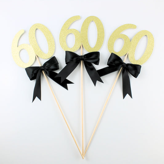 60 Centerpiece Picks - Many Glitter Colors - Sixty Anniversary - 60th Birthday Party Decorations - Set of 3