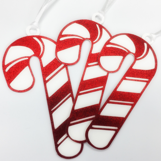 Candy Cane Gift Tags - Red Glitter Candy Cane Holiday Tags - Red & White - Large 4 Inches Tall - Set of 6