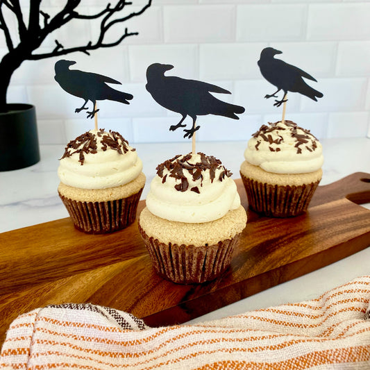 Black Raven Cupcake Toppers - Set of 12 - Black Crow Food Picks - Halloween Cupcake Toppers - Black Bird Picks