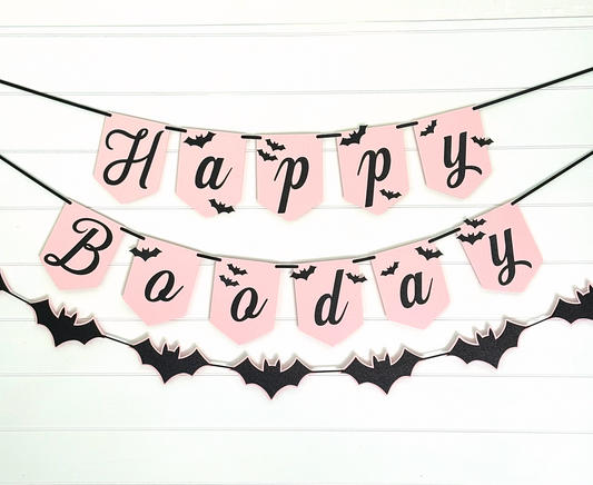 Happy Booday Birthday Banner - Pink Halloween Birthday - Pink Bat Party - Black Glitter Bats
