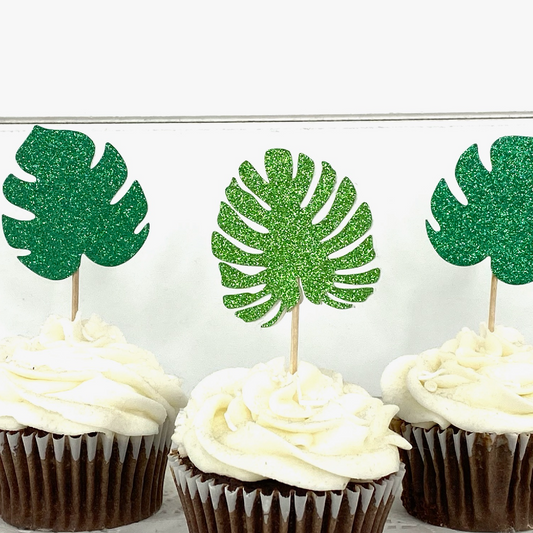 Tropical Leaf Cupcake Toppers - Set of 12 Jungle Food Picks - Tropical Party Decor - Safari Appetizer Picks