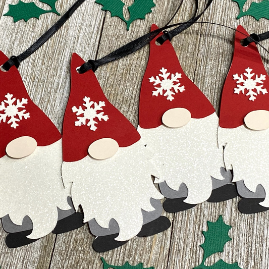 Gnome Gift Tags - Holiday Gnome Tags - Nordic Christmas Tags - Tomte Ornament - White Glitter Beard & Snowflake - Set of 6