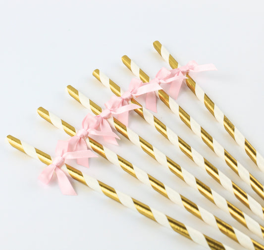 Pink and Gold Party Straws - Pink Bow Decor - Set of 12