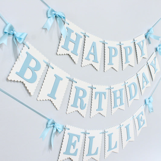 Blue and White Coquette Happy Birthday Banner - Custom Name Banner with Bows