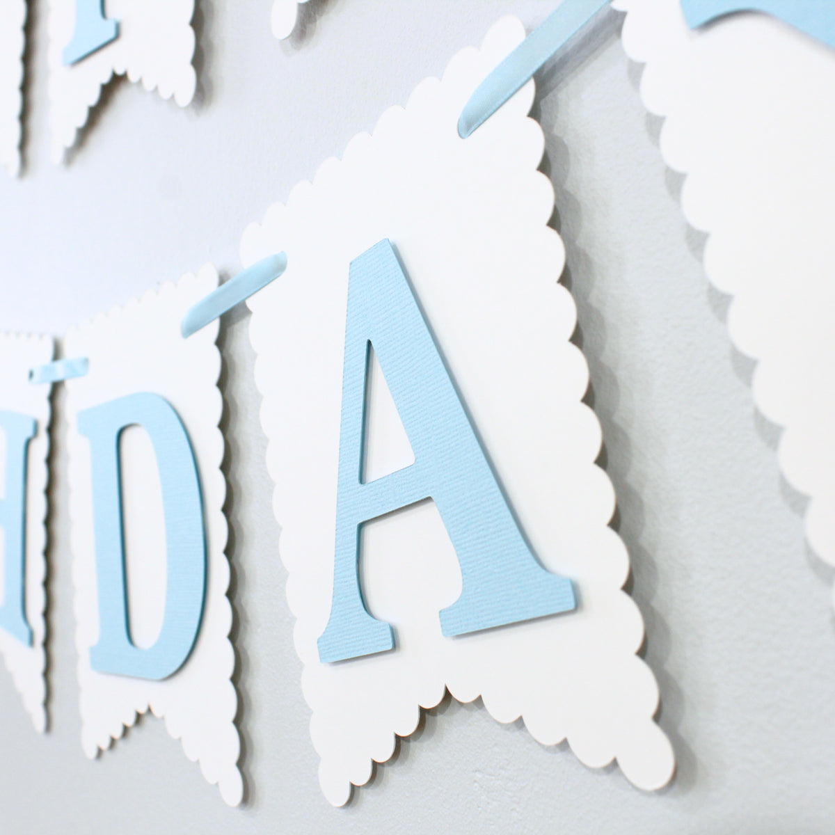 Blue and White Coquette Happy Birthday Banner - Custom Name Banner with Bows