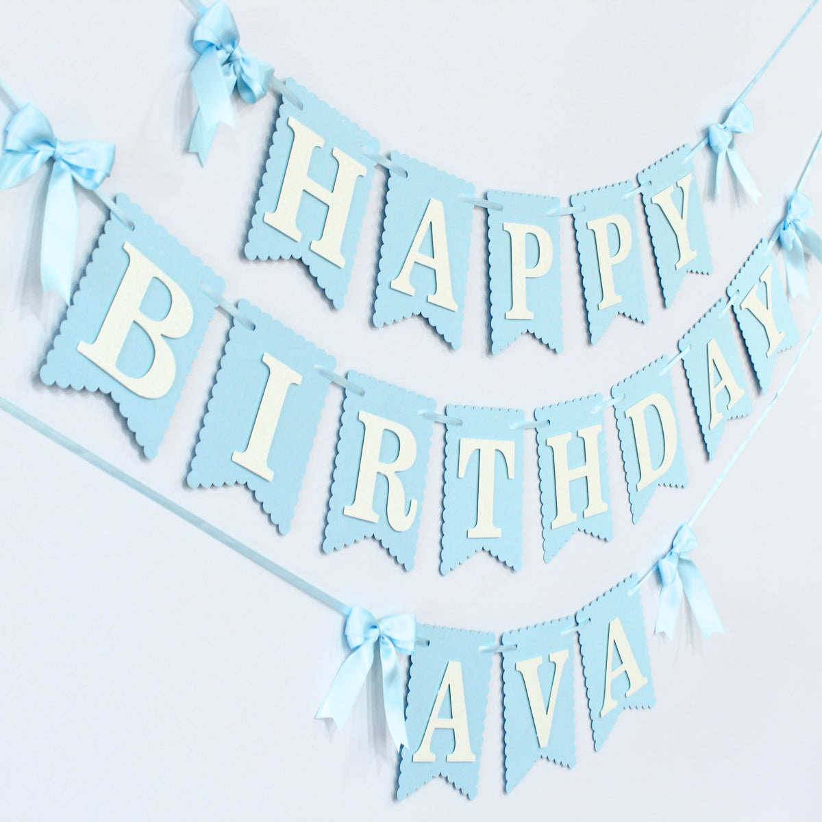 Blue Coquette Happy Birthday Banner - Custom Name Banner with Bows
