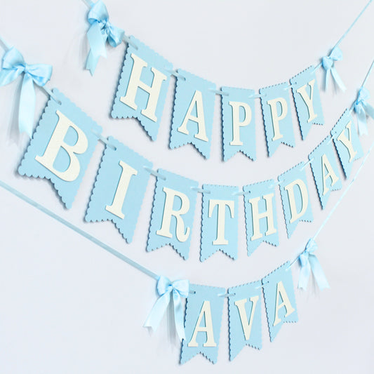 Blue Coquette Happy Birthday Banner - Custom Name Banner with Bows