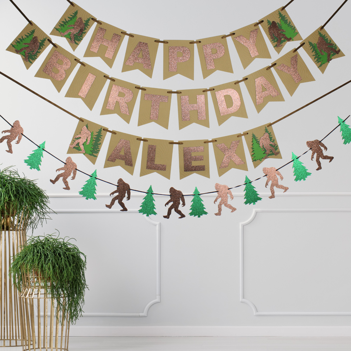 Bigfoot Happy Birthday Banner - Woodgrain Sasquatch Banner - Bigfoot Birthday decorations