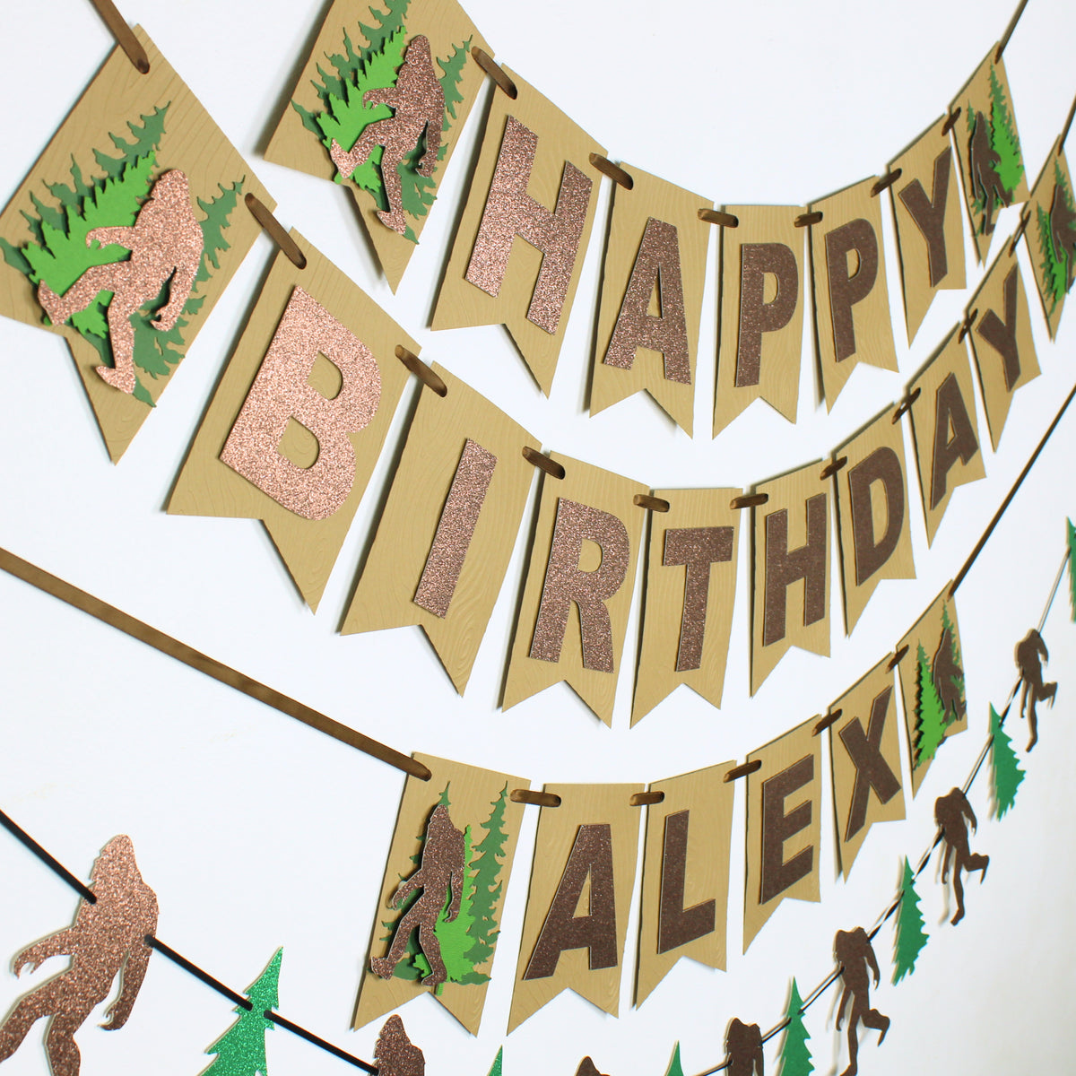 Bigfoot Happy Birthday Banner - Woodgrain Sasquatch Banner - Bigfoot Birthday decorations