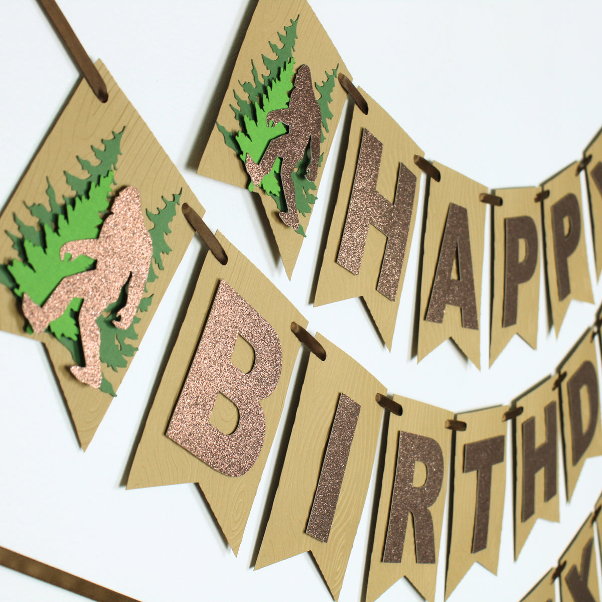 Bigfoot Happy Birthday Banner - Woodgrain Sasquatch Banner - Bigfoot Birthday decorations
