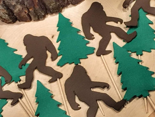 Large Bigfoot and Evergreen Tree Cupcake Toppers - Food Picks - Sasquatch Toppers - Set of 12