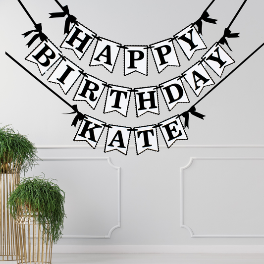 Black and White Bow Happy Birthday Banner - Custom Name Banner