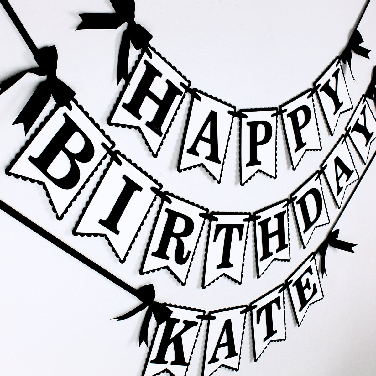 Black and White Bow Happy Birthday Banner - Custom Name Banner