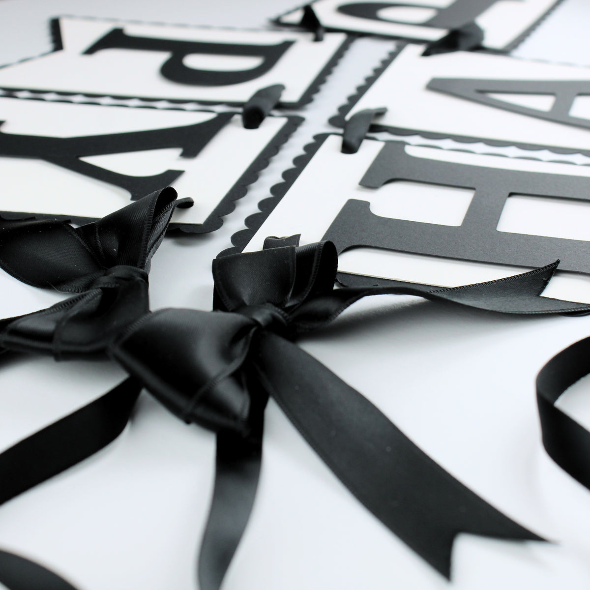 Black and White Bow Happy Birthday Banner - Custom Name Banner