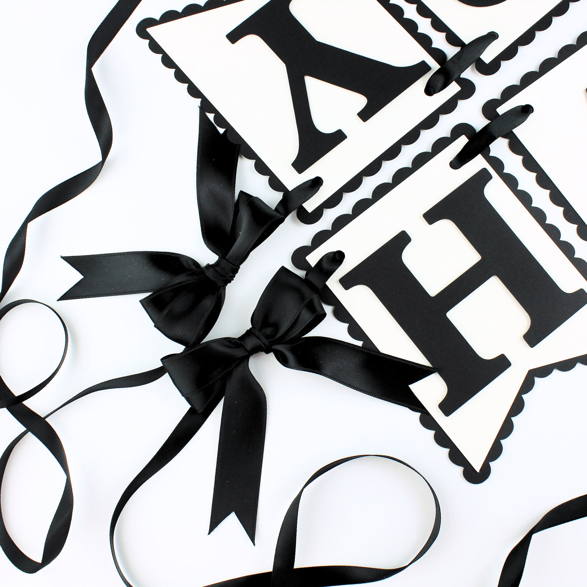 Black and White Bow Happy Birthday Banner - Custom Name Banner