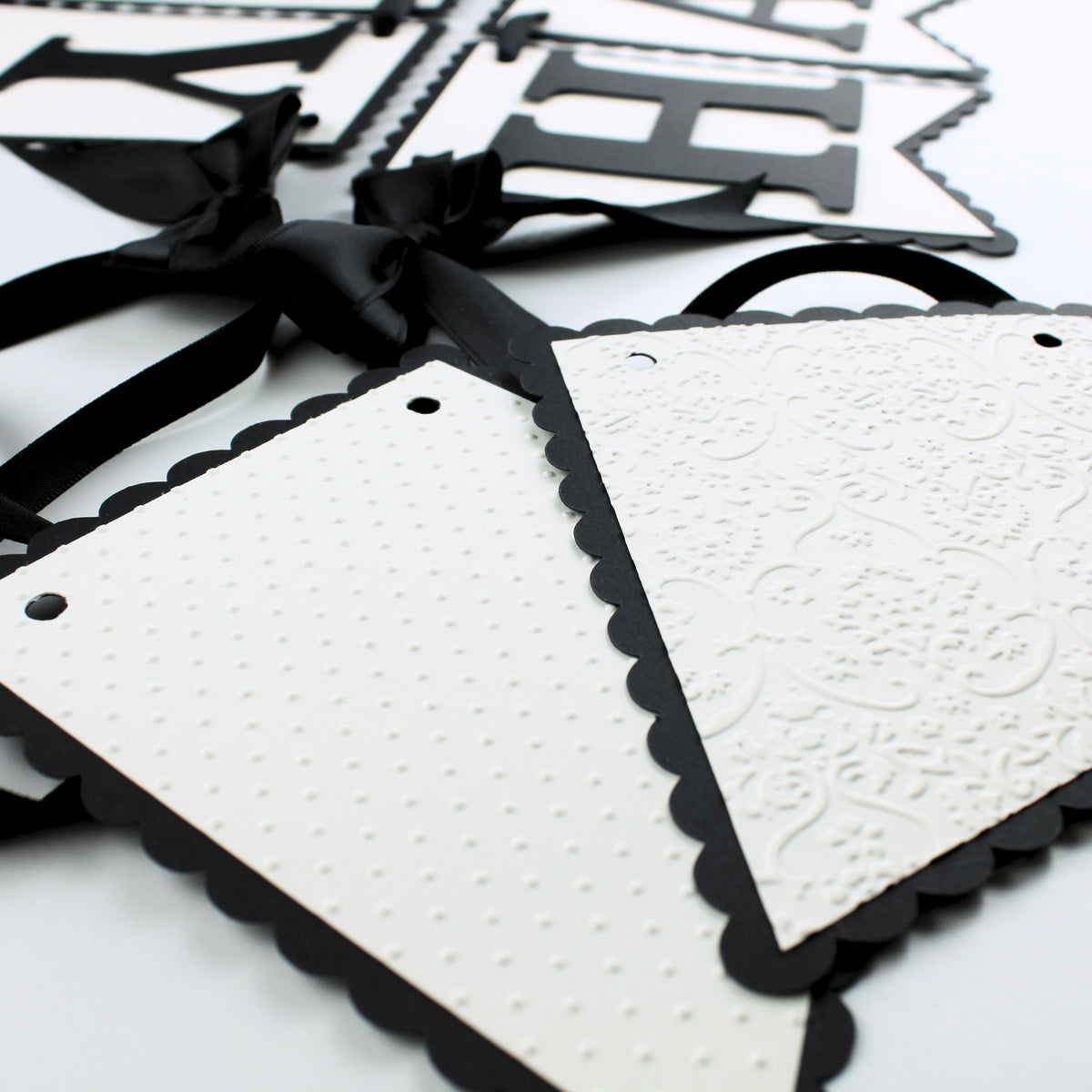 Black and White Bow Happy Birthday Banner - Custom Name Banner