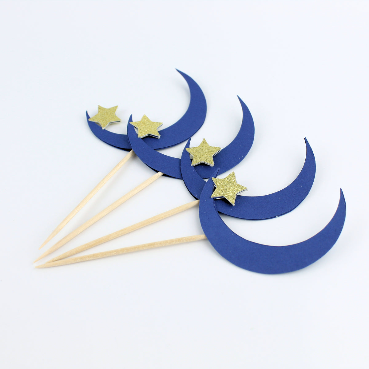 Navy Moon and Gold Glitter Star Cupcake Toppers - Celestial Party - Twinkle Twinkle Little Star - (Set of 12)