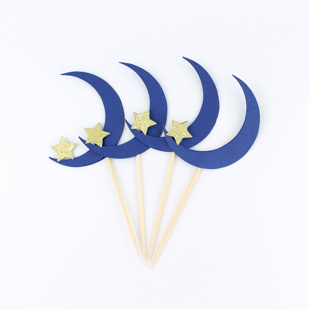Navy Moon and Gold Glitter Star Cupcake Toppers - Celestial Party - Twinkle Twinkle Little Star - (Set of 12)