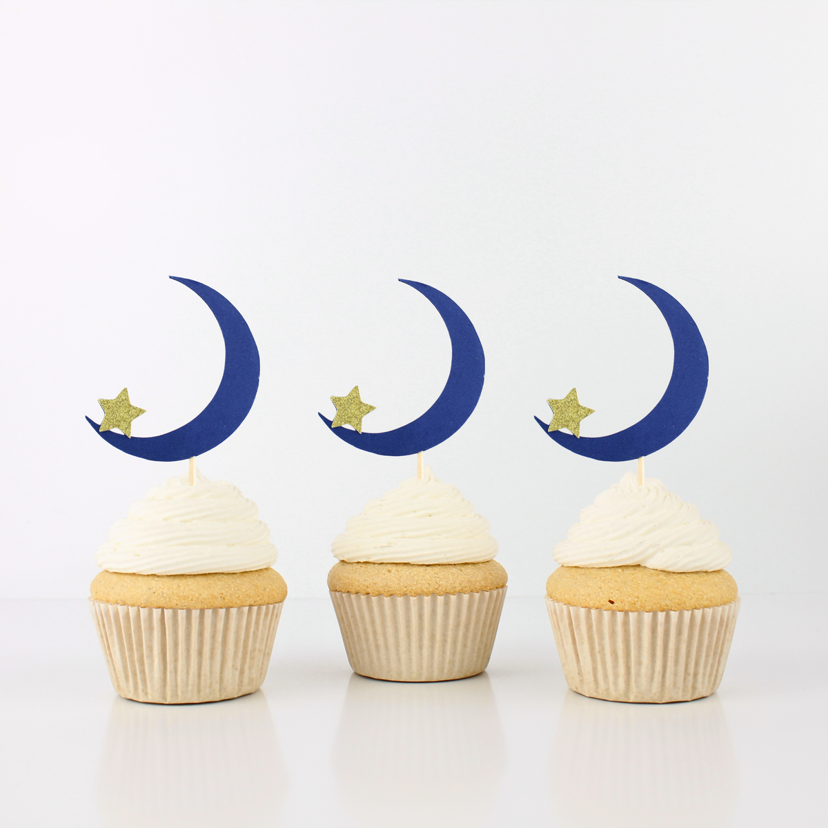 Navy Moon and Gold Glitter Star Cupcake Toppers - Celestial Party - Twinkle Twinkle Little Star - (Set of 12)