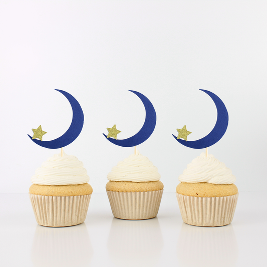 Navy Moon and Gold Glitter Star Cupcake Toppers - Celestial Party - Twinkle Twinkle Little Star - (Set of 12)