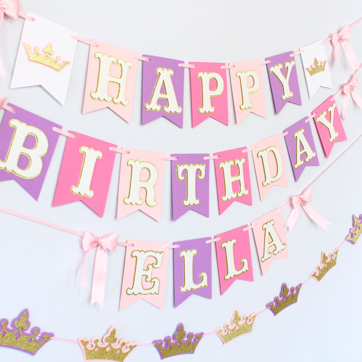 Pink and Purple Princess Happy Birthday Banner - Custom Name Banner with Bows and Gold Crowns
