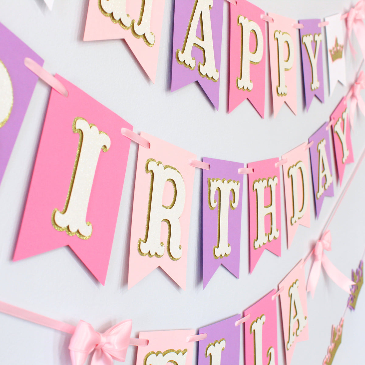 Pink and Purple Princess Happy Birthday Banner - Custom Name Banner with Bows and Gold Crowns