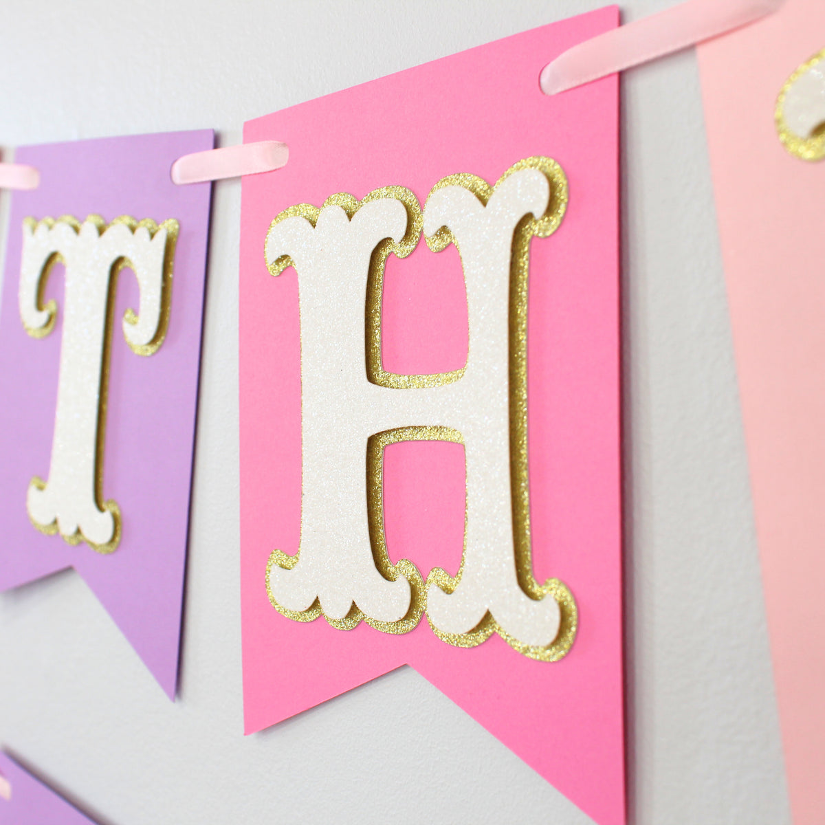 Pink and Purple Princess Happy Birthday Banner - Custom Name Banner with Bows and Gold Crowns