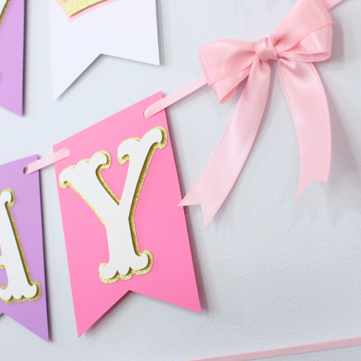 Pink and Purple Princess Happy Birthday Banner - Custom Name Banner with Bows and Gold Crowns