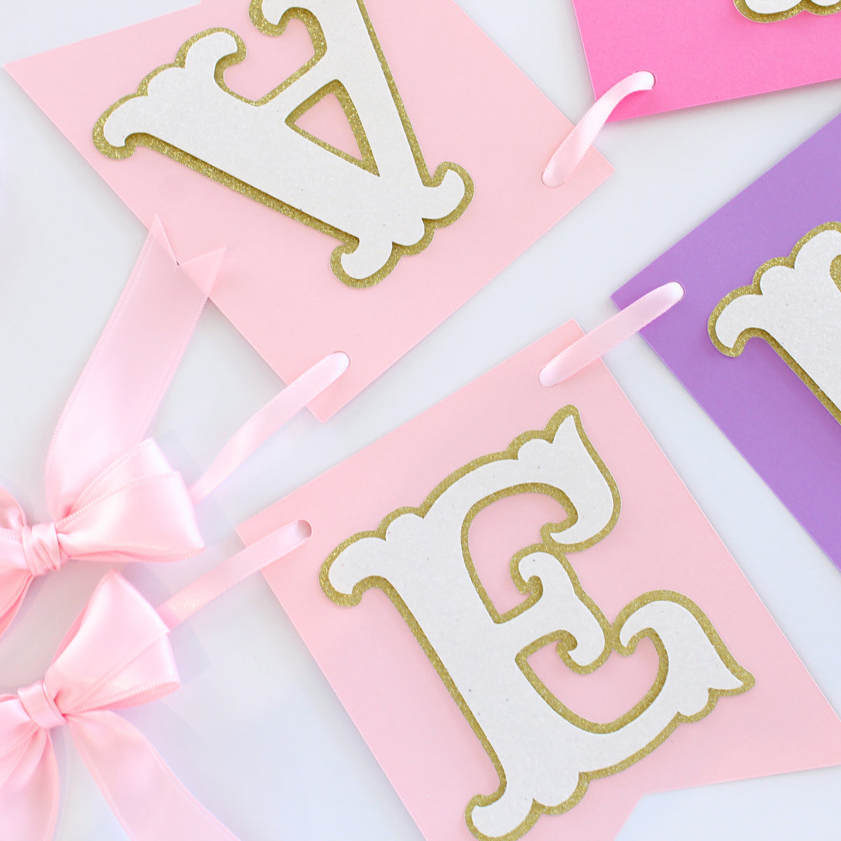 Pink and Purple Princess Happy Birthday Banner - Custom Name Banner with Bows and Gold Crowns