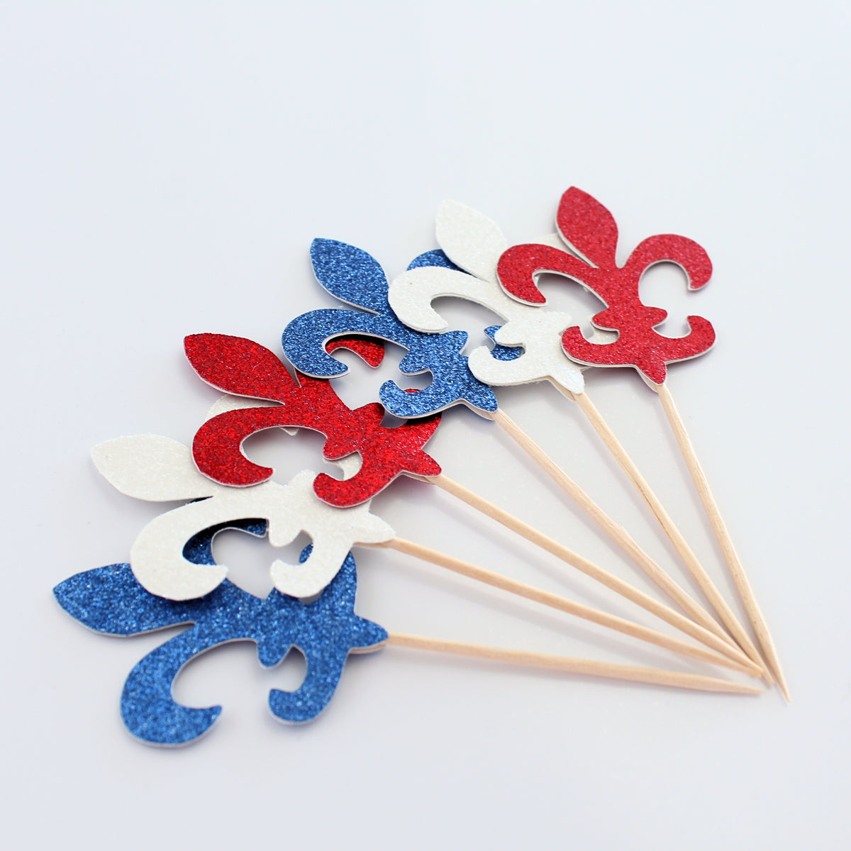 Red White and Blue Fleur De Lis Glitter Cupcake Toppers - Set of 12