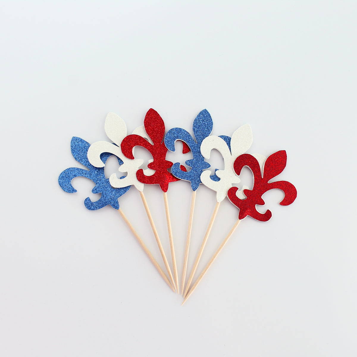 Red White and Blue Fleur De Lis Glitter Cupcake Toppers - Set of 12