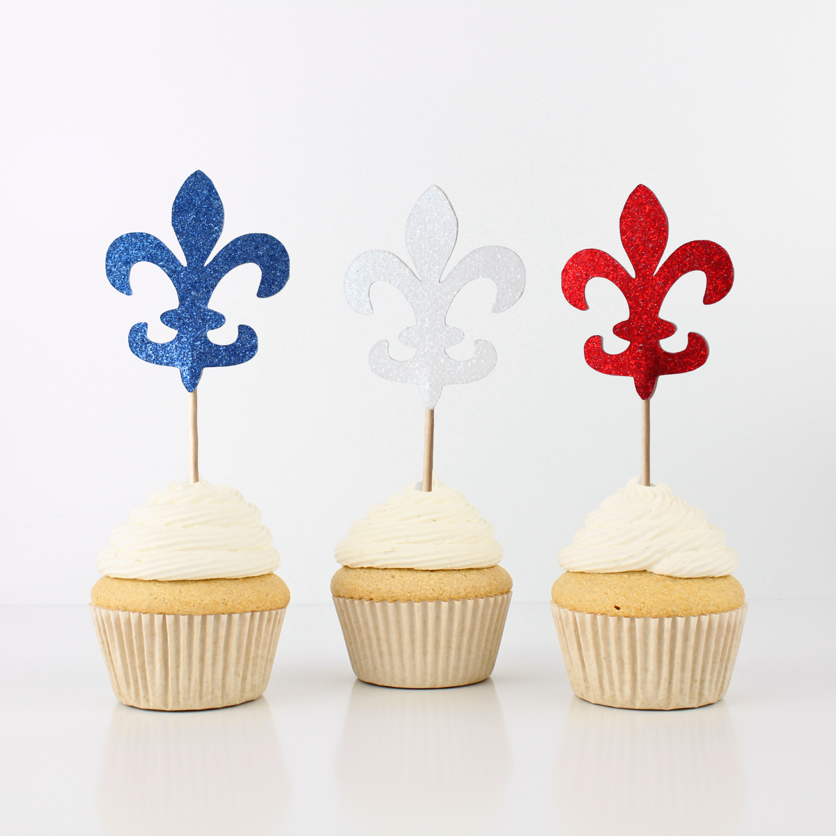 Red White and Blue Fleur De Lis Glitter Cupcake Toppers - Set of 12
