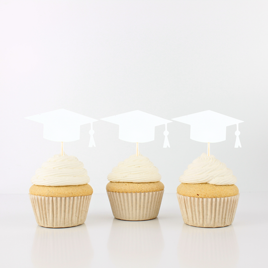 White Graduation Cap Cupcake Toppers - Food Picks