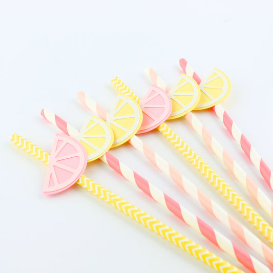 Pink Lemon Themed Party Straws - Lemonade Party Decorations - Set of 12