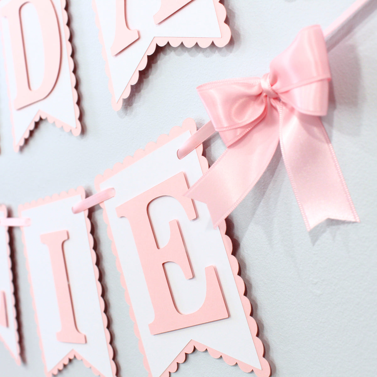 Pink and White Coquette Happy Birthday Banner - Custom Name Banner with Bows