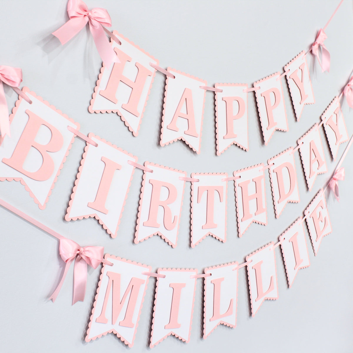 Pink and White Coquette Happy Birthday Banner - Custom Name Banner with Bows