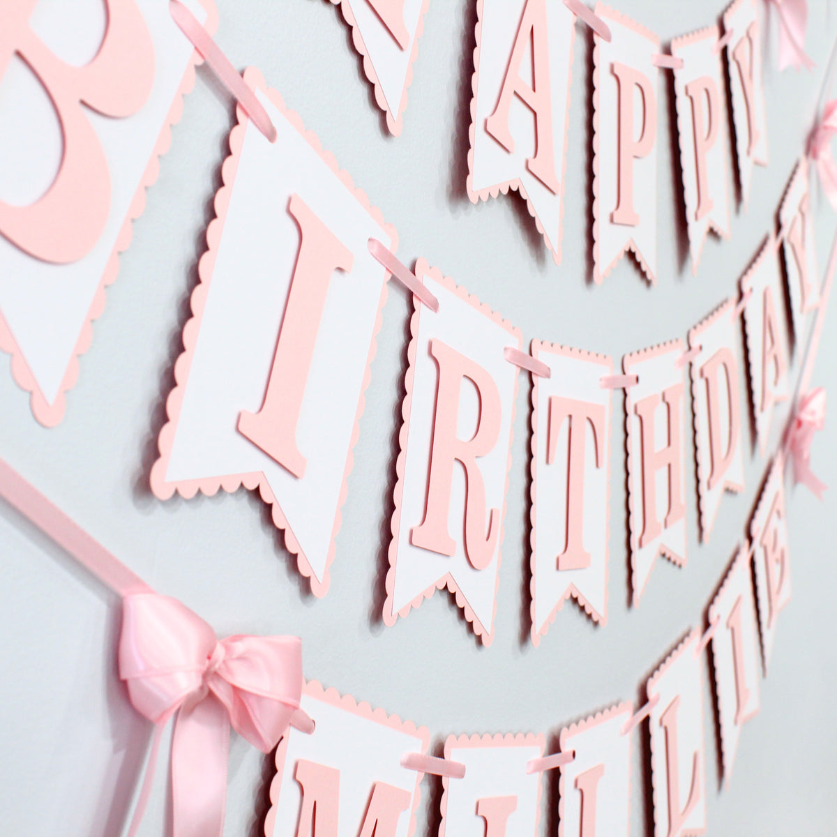 Pink and White Coquette Happy Birthday Banner - Custom Name Banner with Bows