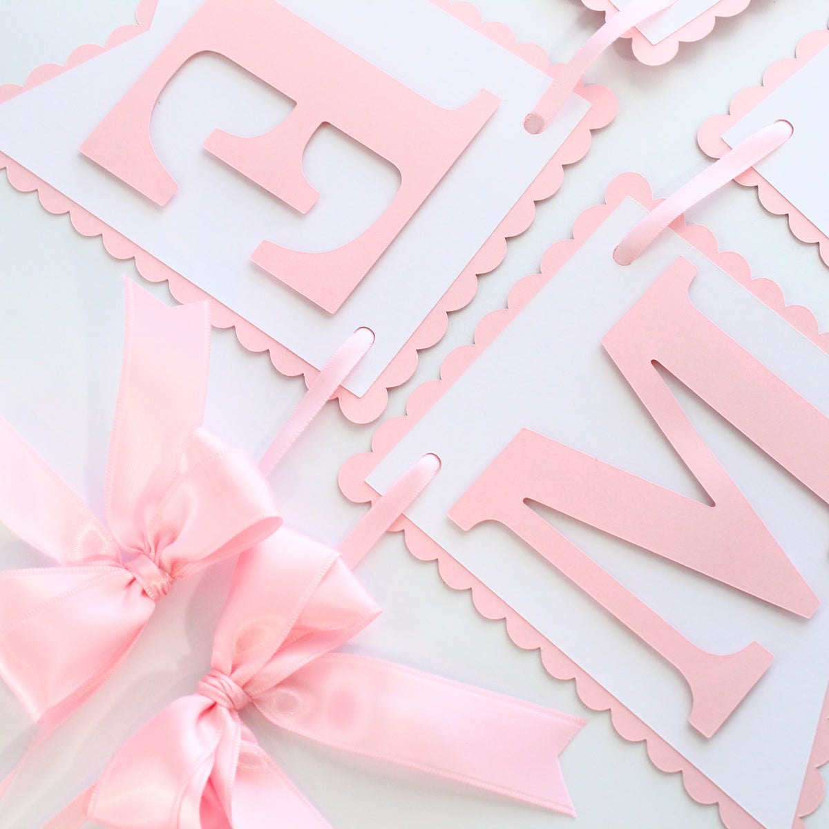 Pink and White Coquette Happy Birthday Banner - Custom Name Banner with Bows