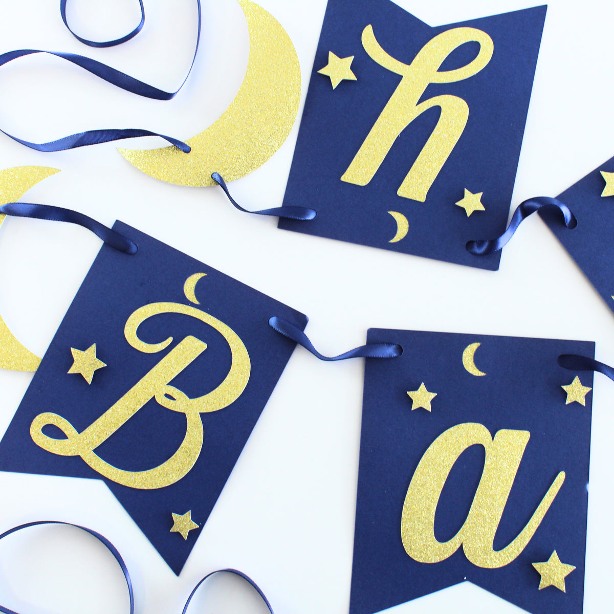 Welcome Baby Banner Featuring Navy and Gold Moon and Stars