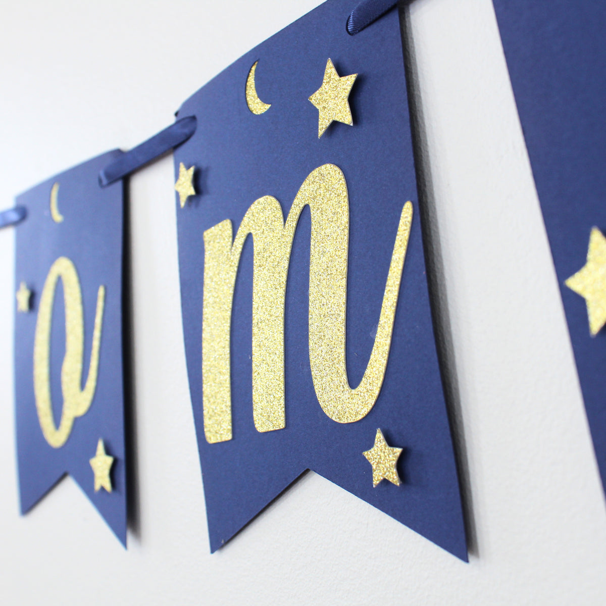 Welcome Baby Banner Featuring Navy and Gold Moon and Stars