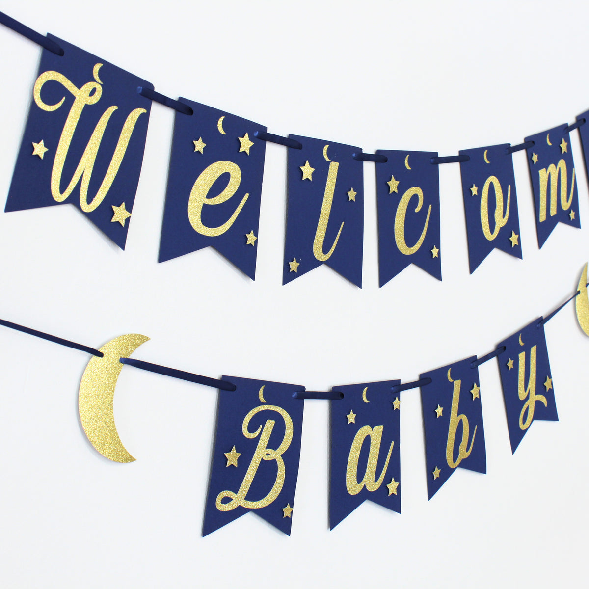 Welcome Baby Banner Featuring Navy and Gold Moon and Stars