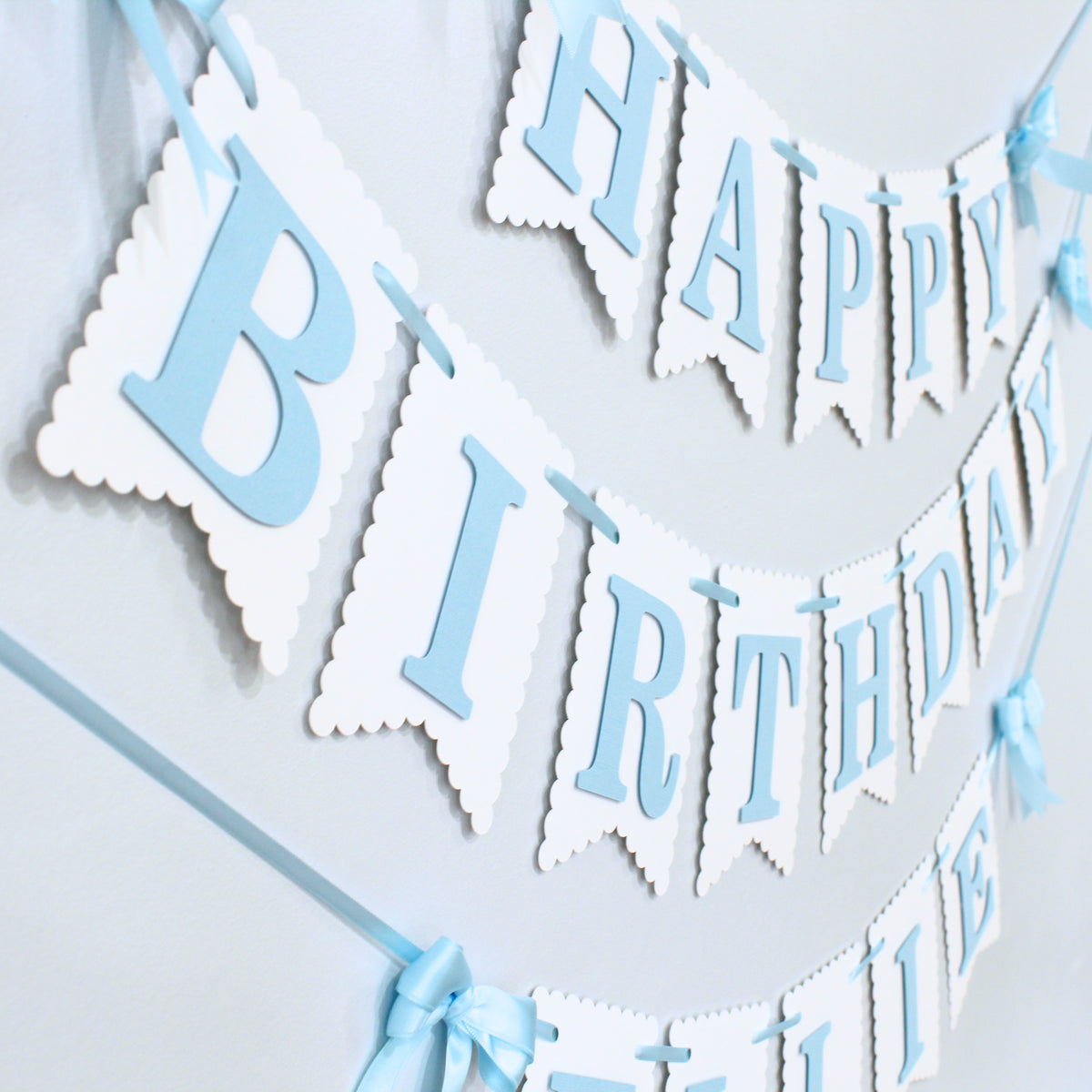 Blue and White Coquette Happy Birthday Banner - Custom Name Banner with Bows