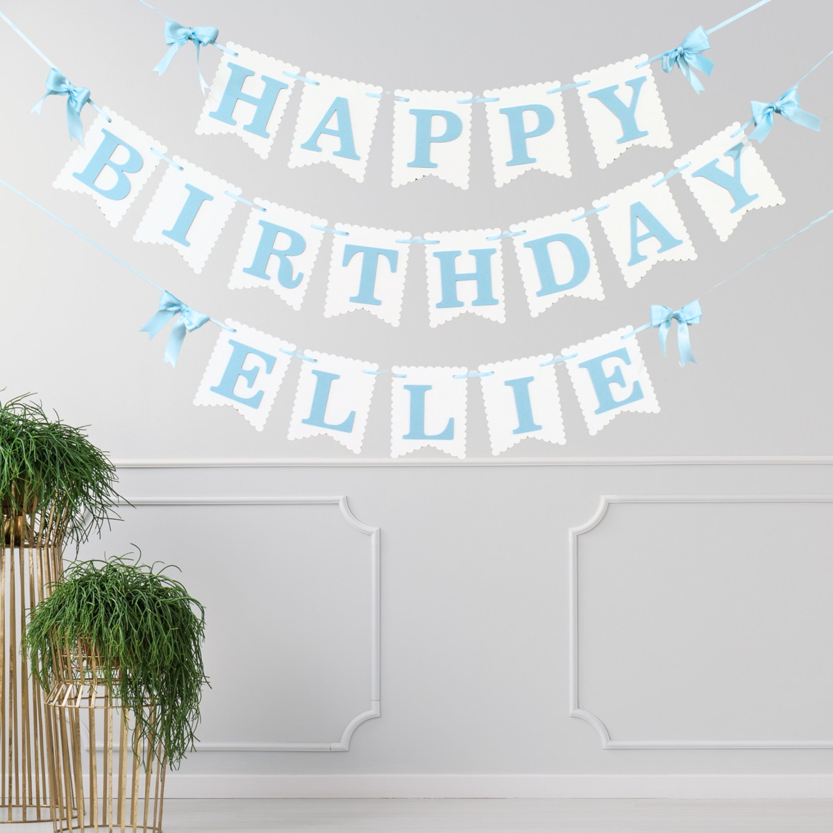 Blue and White Coquette Happy Birthday Banner - Custom Name Banner with Bows